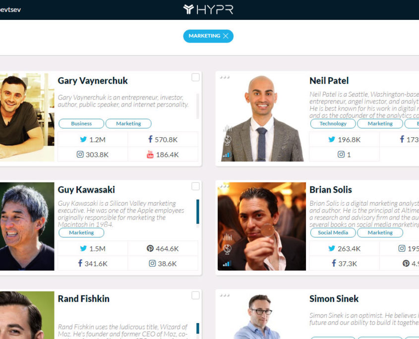 Results page of influencers search